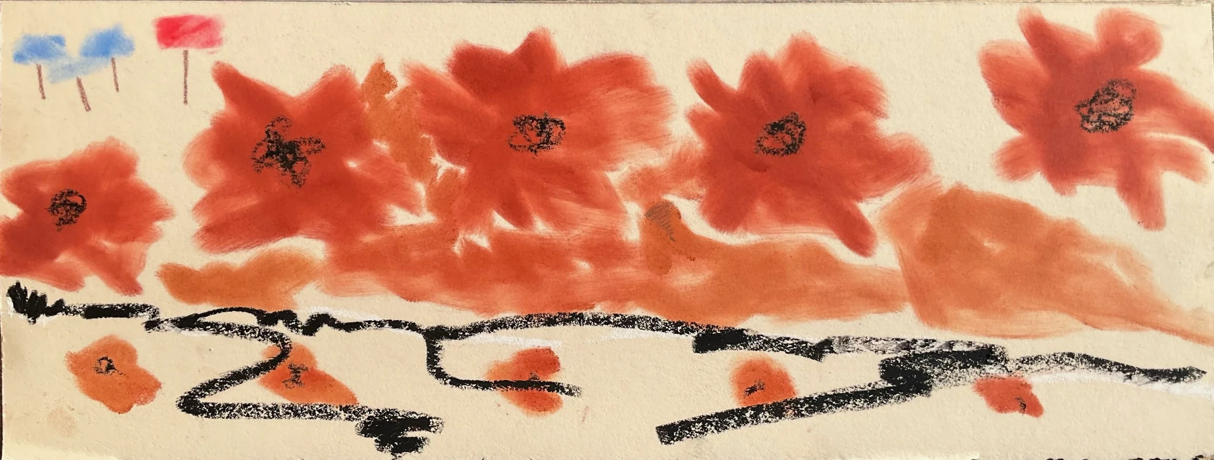 Child's drawing of orange flowers with black branches, blue clouds, and a pink rectangle in the top left corner.