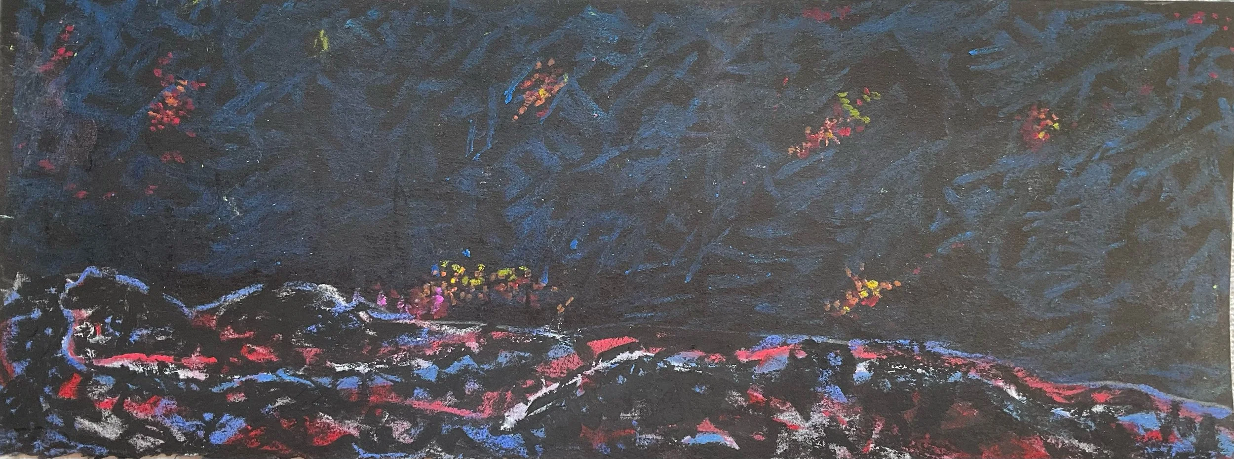 A colorful abstract painting with dark background and bright splashes of pink, yellow, and red, resembling a night scene with scattered lights and a winding path or road.
