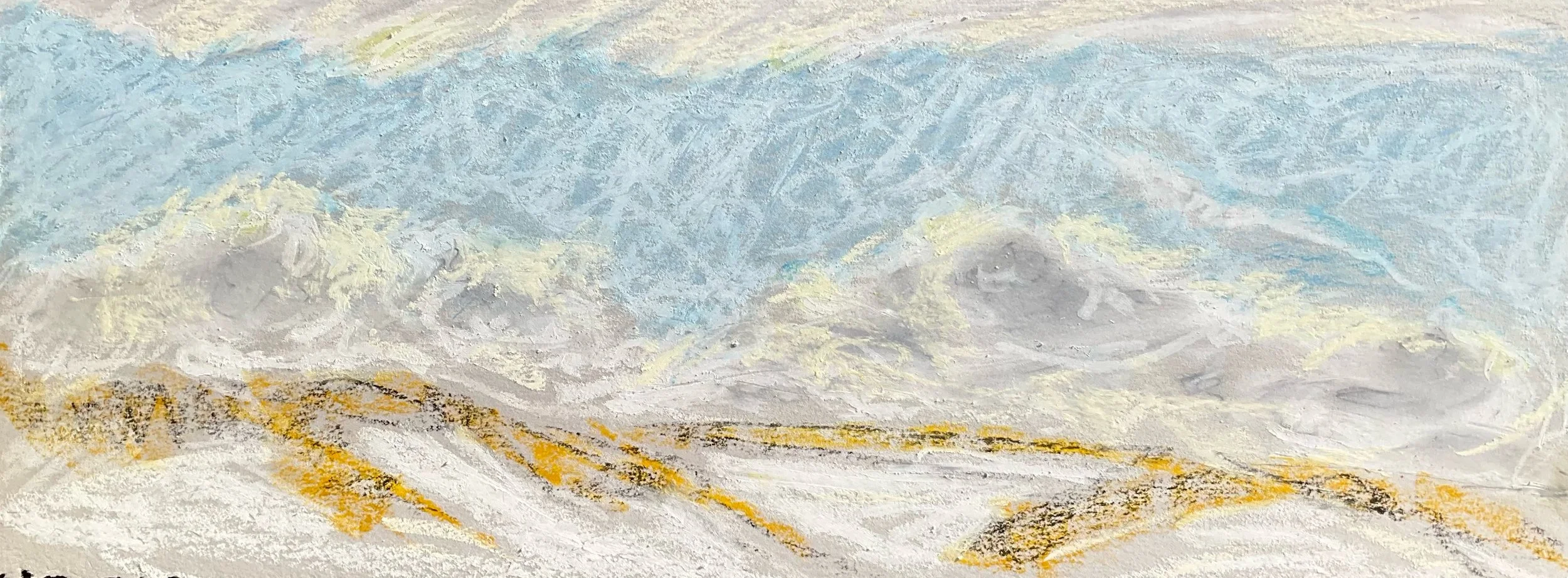 A painting of a winter mountain landscape with snow-covered peaks, a clear sky, and golden streaks on the snow.