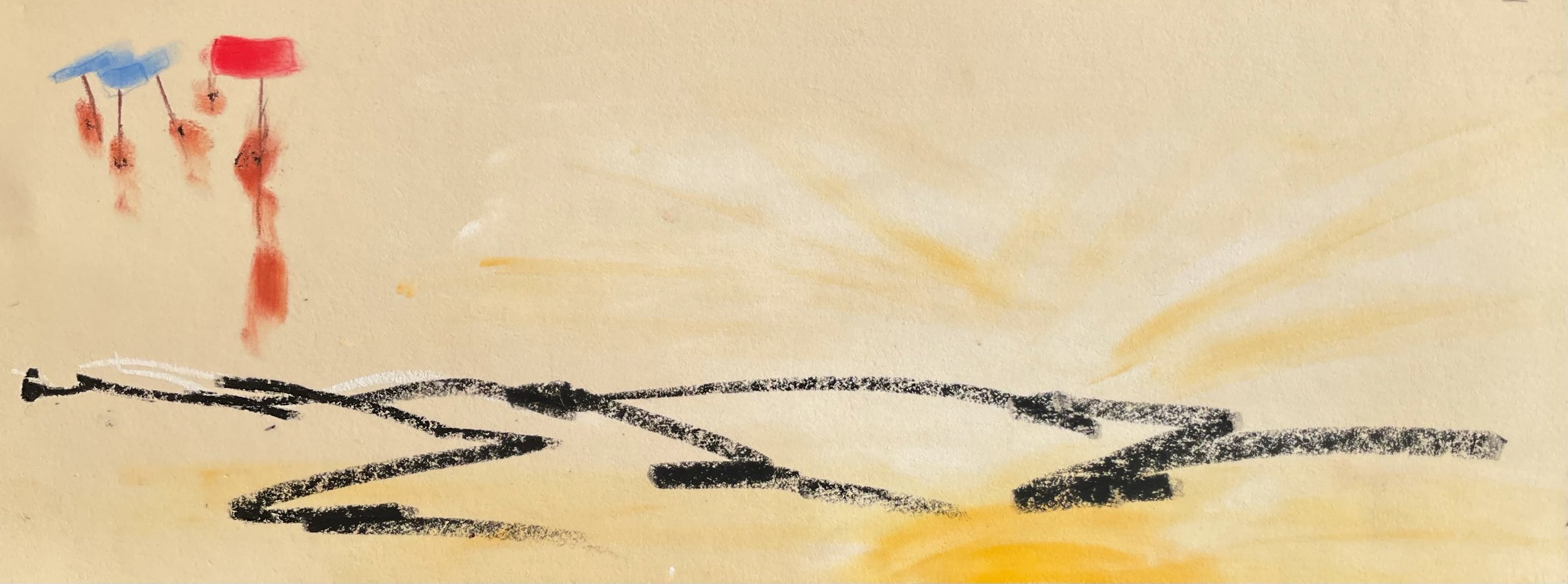 Child's drawing featuring two stick figures with umbrellas, one blue and one red, against a yellow background with black squiggly lines on the ground.