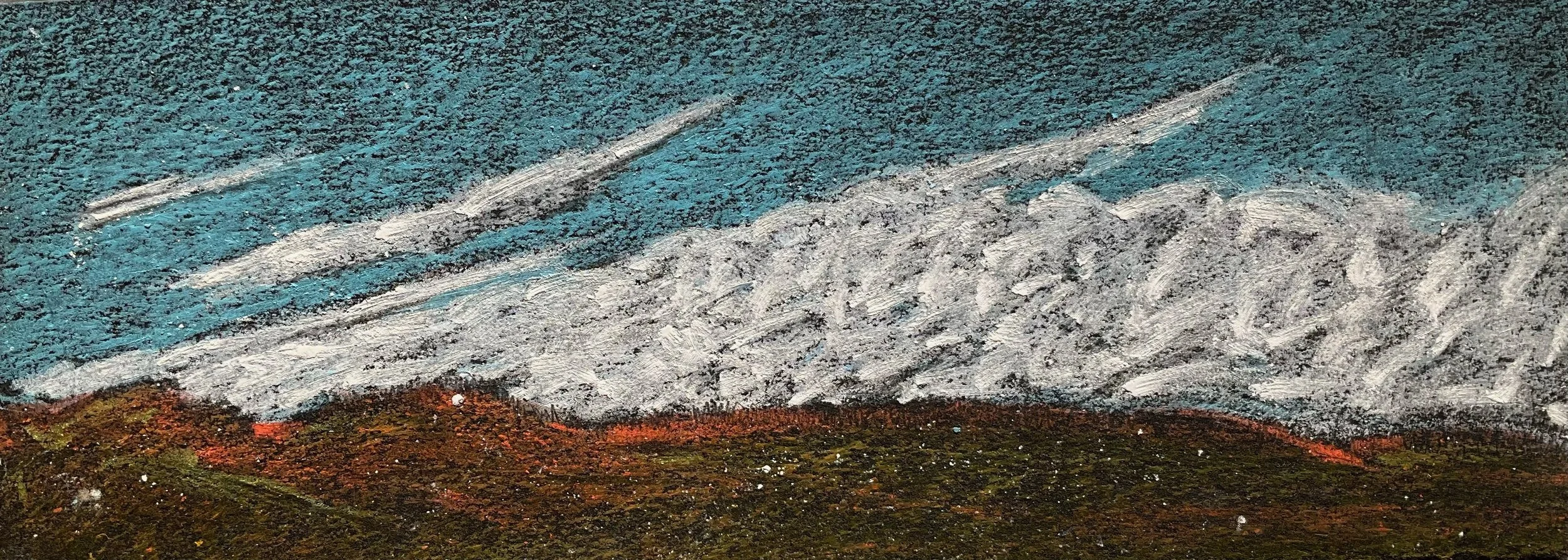 Colorful landscape drawing featuring a mountain with snow, a blue sky with streaks, and a green and reddish-brown foreground.