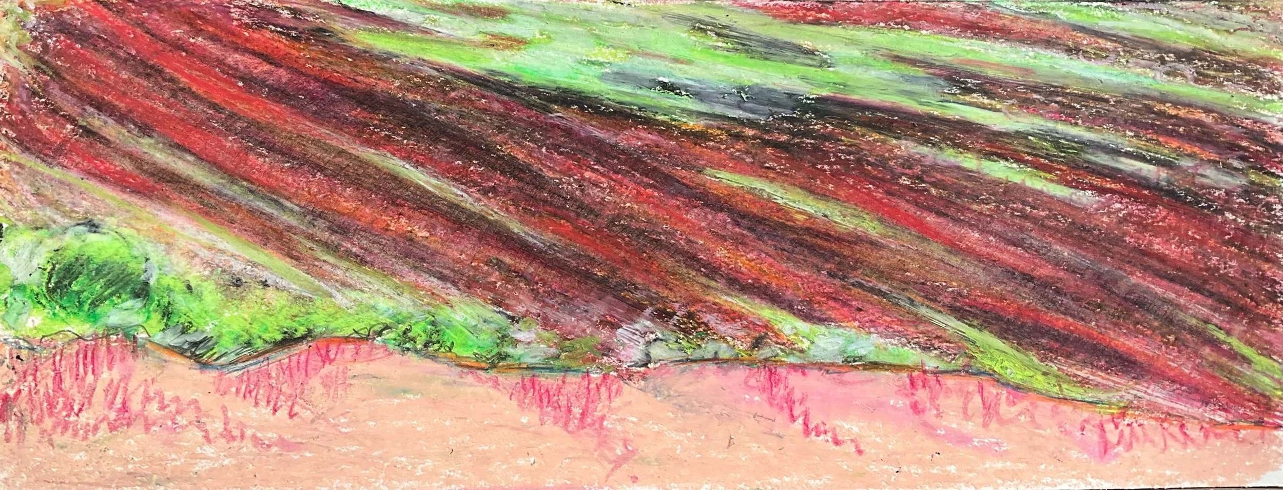 Abstract landscape sketch with green, red, and pink strokes, possibly depicting a hillside or mountain with grass and soil.