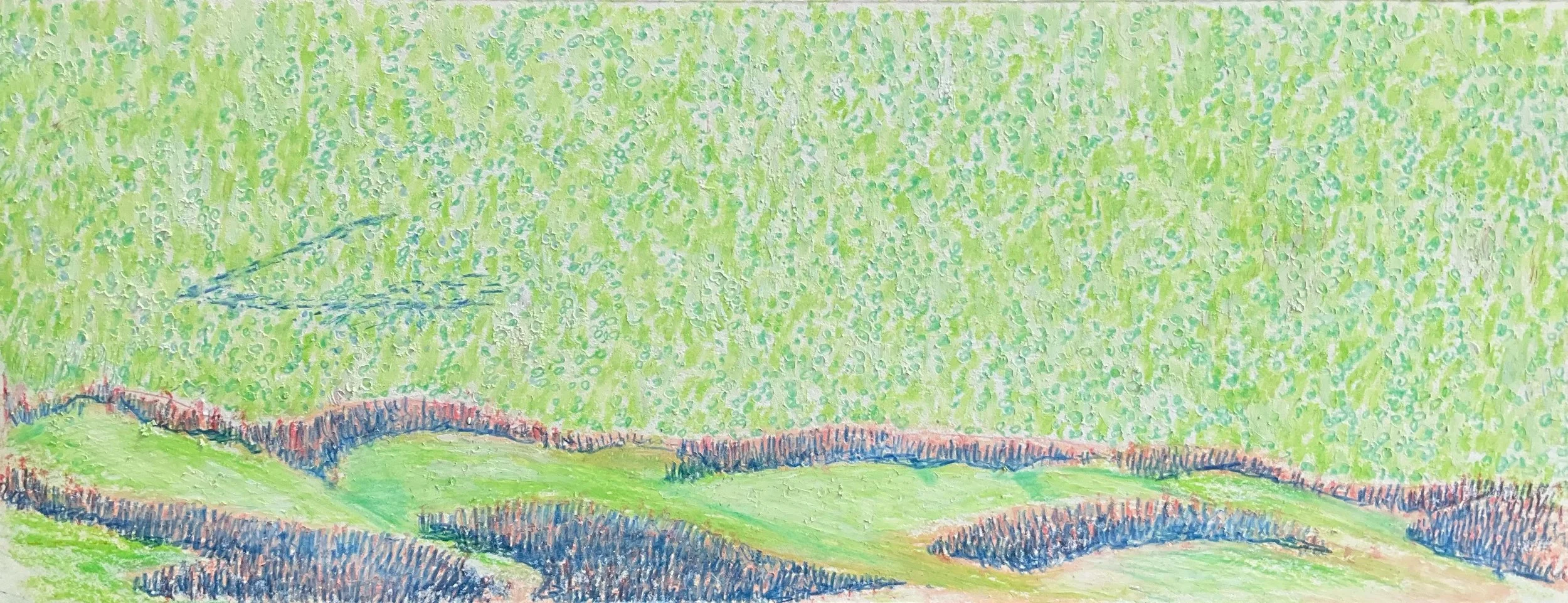 A colorful drawing of a landscape with rolling green hills, a blue sky, and a mixture of green, purple, and red colors used for the hills and sky.