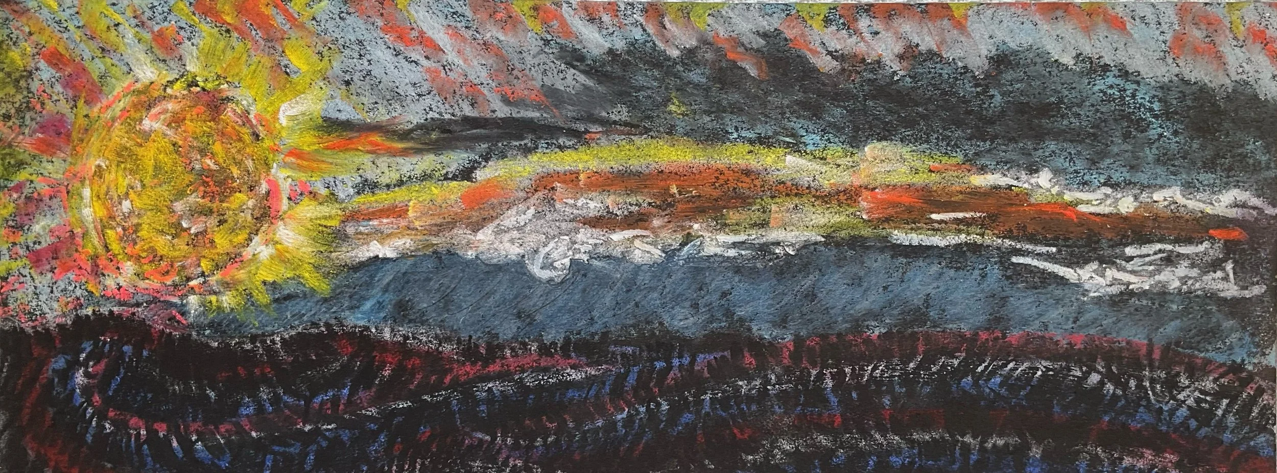 Colorful abstract painting with bold strokes of yellow, orange, red, blue, and black, resembling a fiery landscape or sunset.