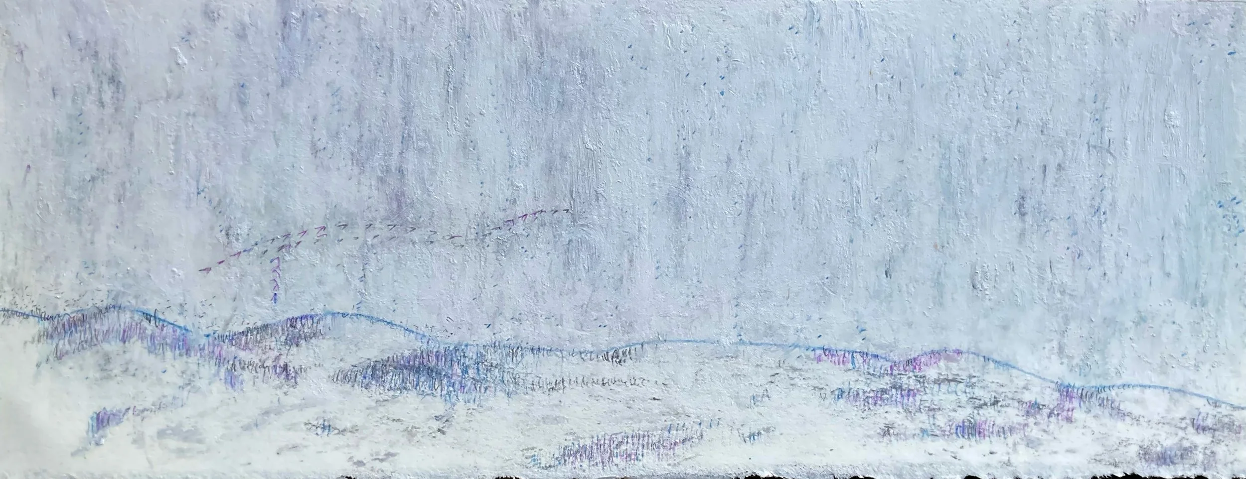 Abstract painting with light blue and purple hues, featuring textured strokes and subtle mountain-like shapes.