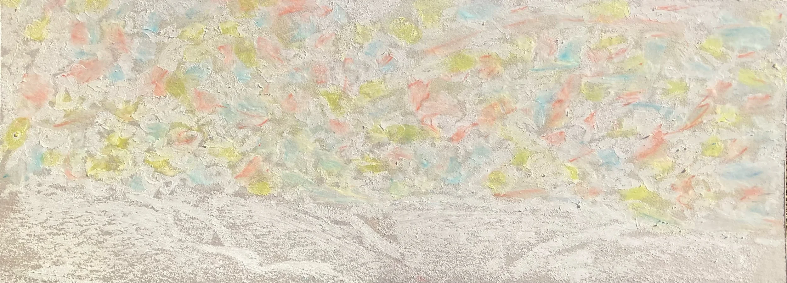 Abstract painting with pastel colors and textured surface.