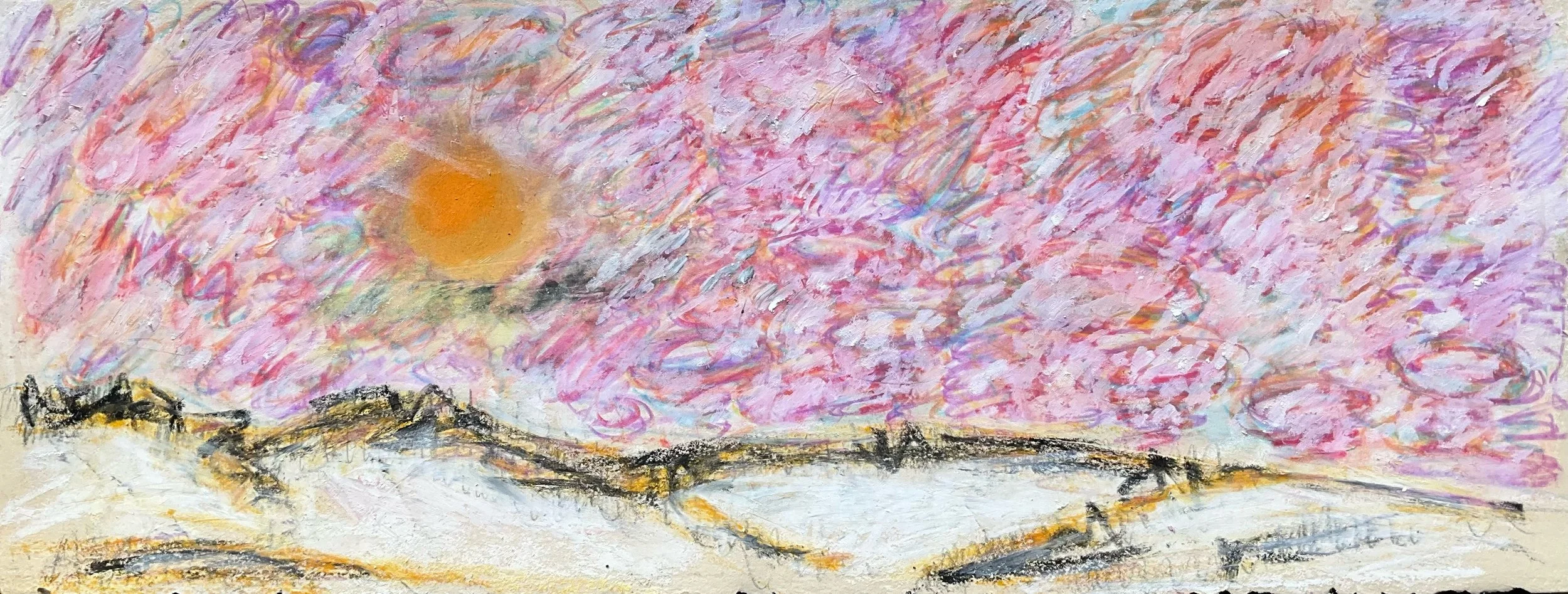 Impressionist painting of a vibrant sunset over rolling hills, with pink, purple, and orange sky and dark silhouette trees and landscape in the foreground.