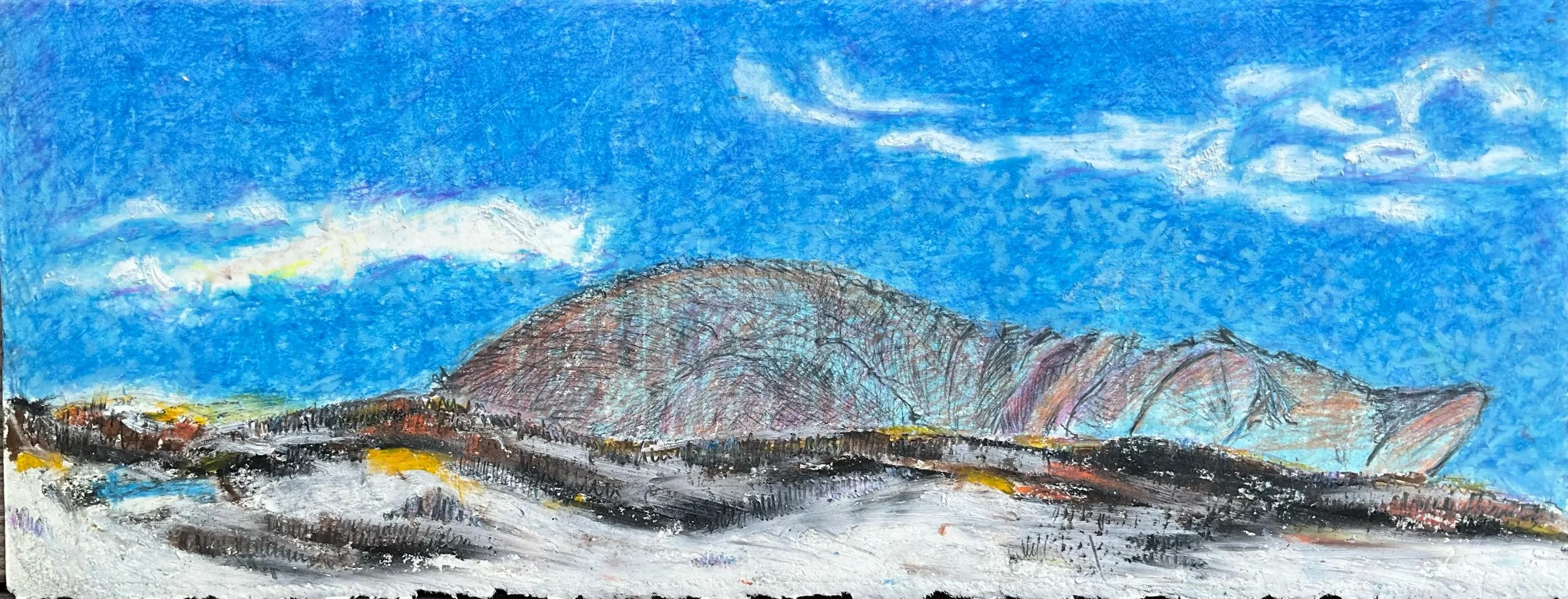 A colorful landscape drawing of a mountain under a blue sky with scattered clouds, with some yellow and green patches in the foreground.