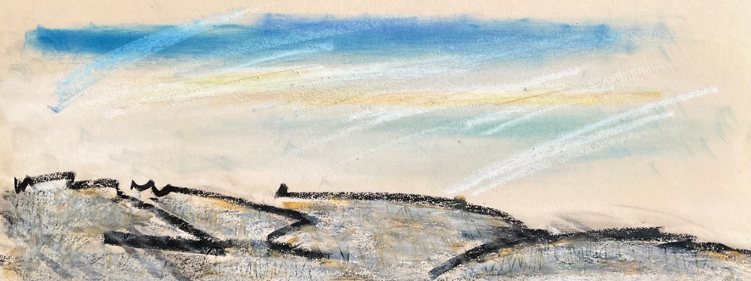 An abstract landscape painting depicting a sky with soft pastel colors and a rugged terrain with dark lines and textured details.