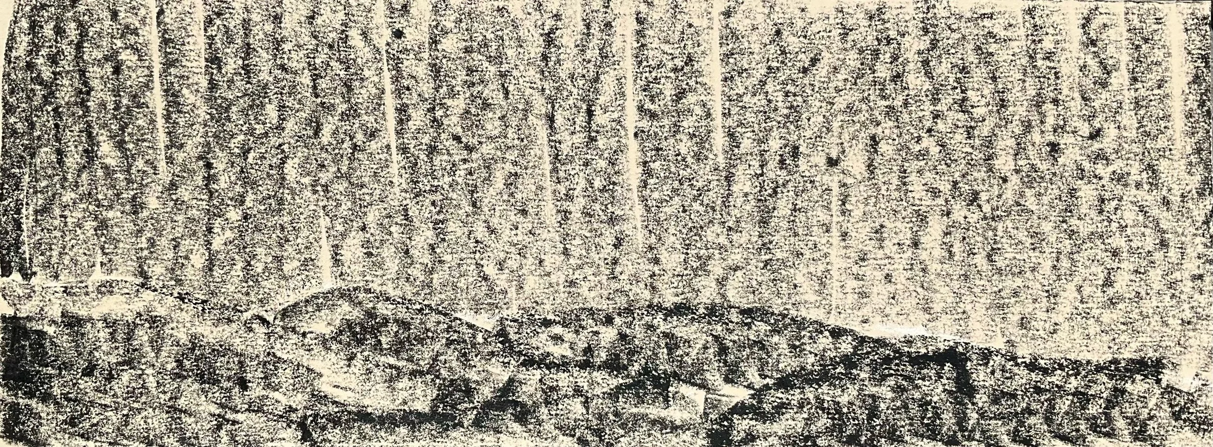 Black and white illustration of a landscape with mountains, trees, and a sky filled with clouds.