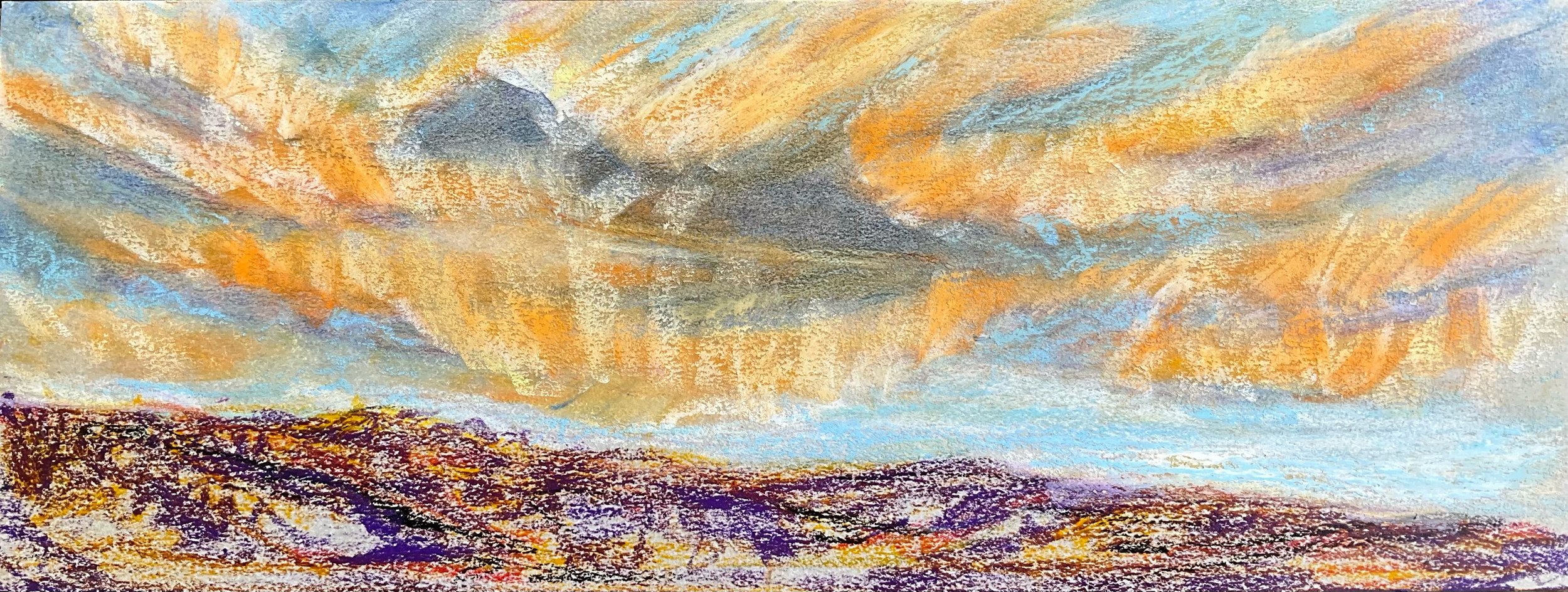 An impressionistic painting of a sunset sky with vibrant orange, purple, and blue clouds over a mountainous landscape.