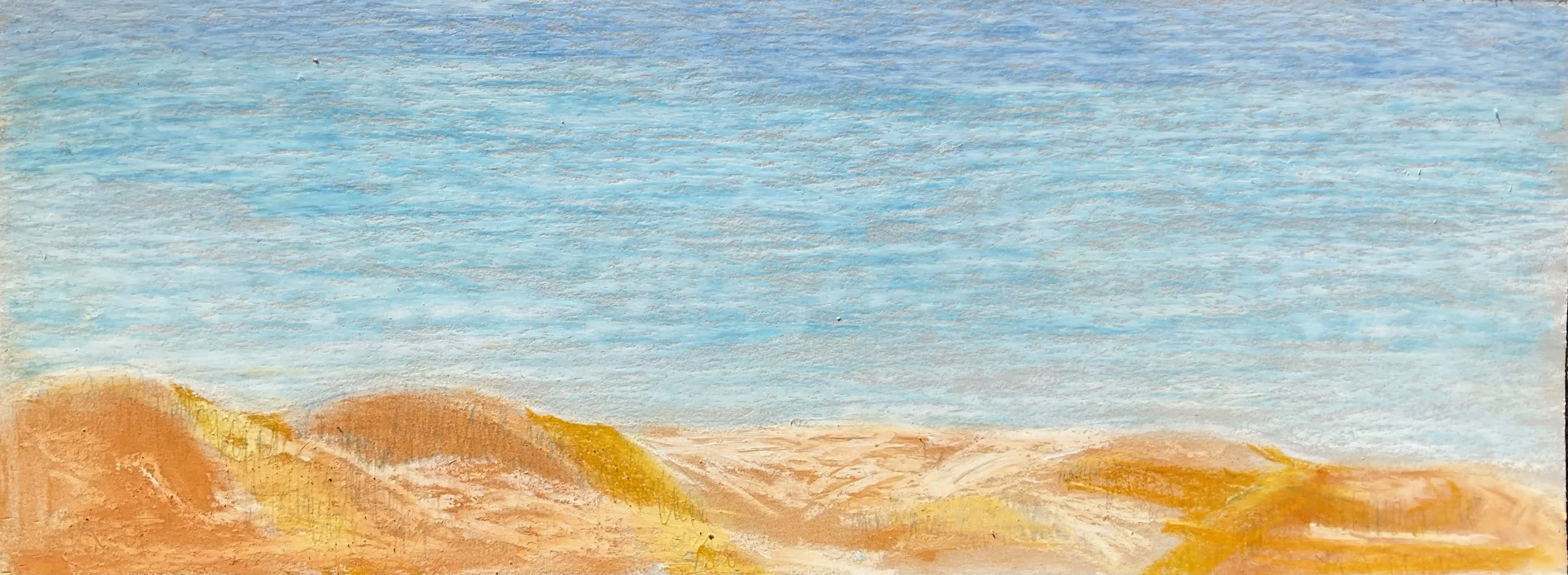 A watercolor painting of a landscape with rolling orange-brown hills and a blue sky with light, wispy clouds.