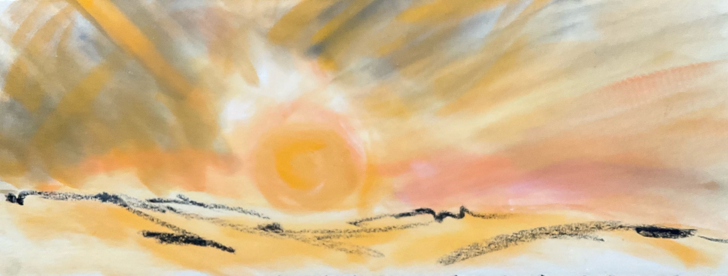 Sunset or sunrise over a landscape with a bright sun and colorful sky, possibly painted with watercolors or pastels.