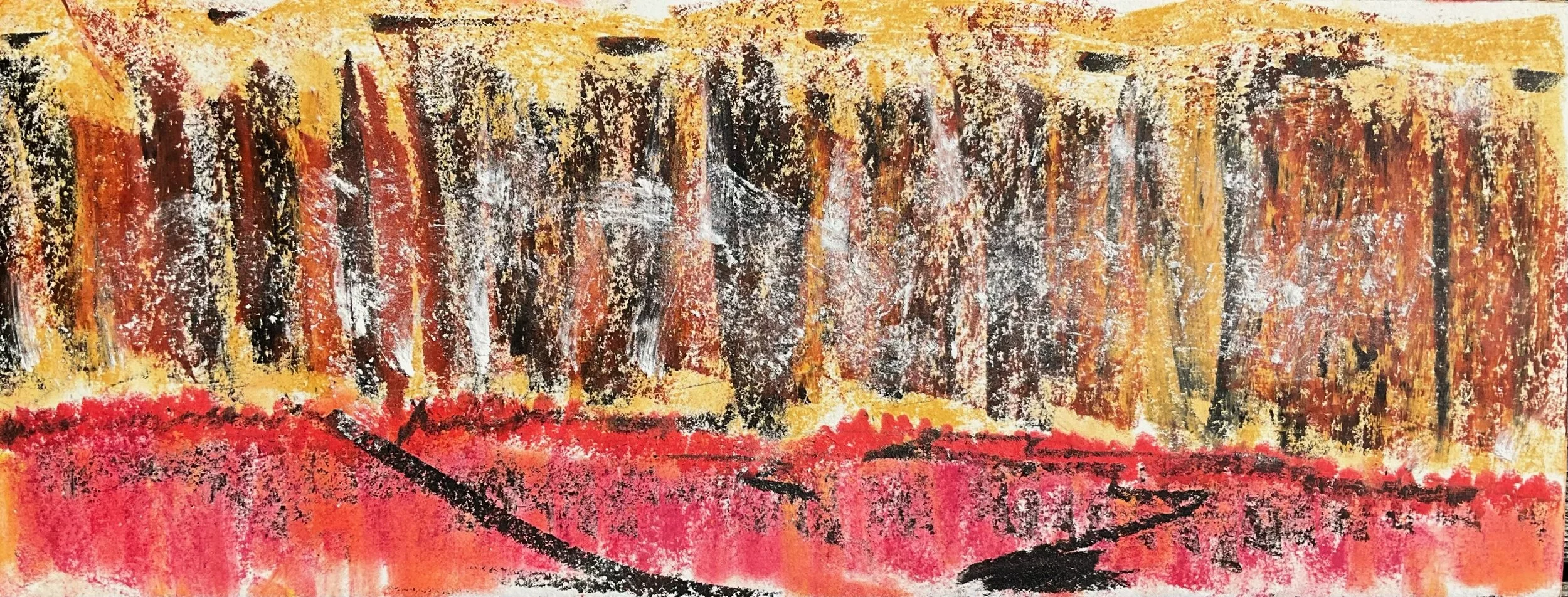 Abstract painting with vertical black, brown, orange, and yellow streaks in the background, and red, pink, black, and white brushstrokes in the foreground.