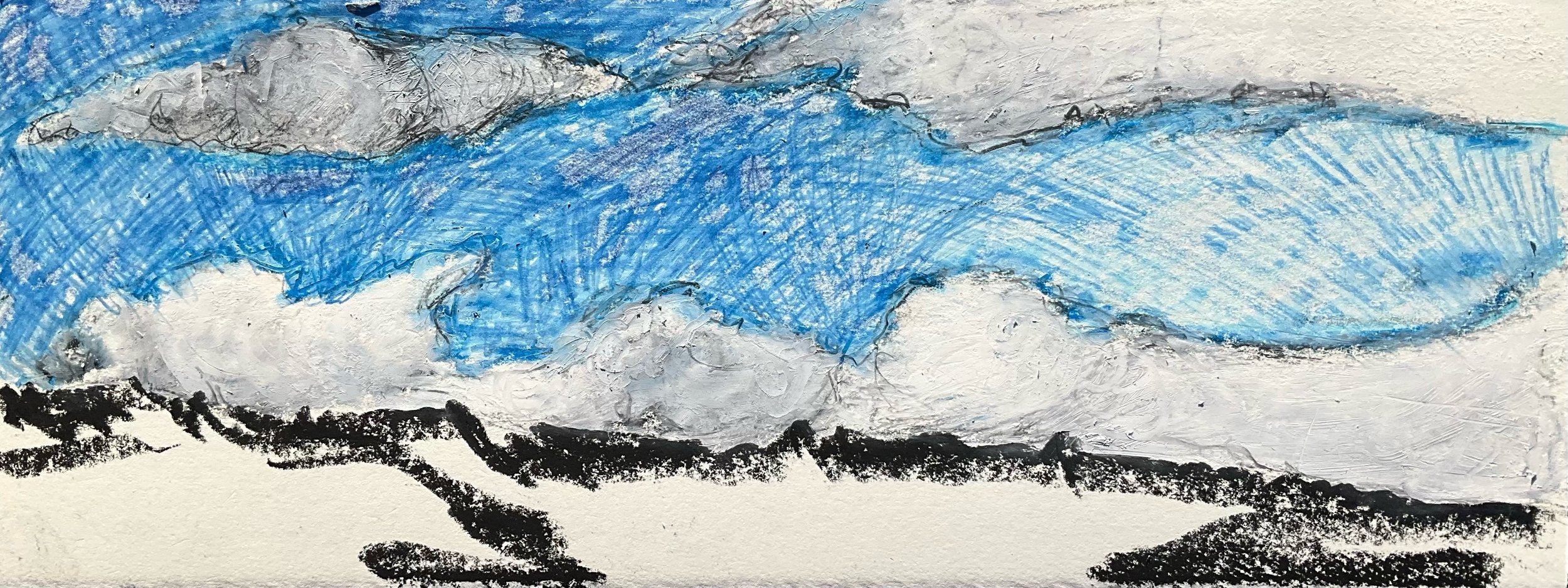 A mountain landscape with snow-covered ground, dark black mountains in the foreground, and blue and gray clouds in the sky, possibly created with crayon and oil pastel.