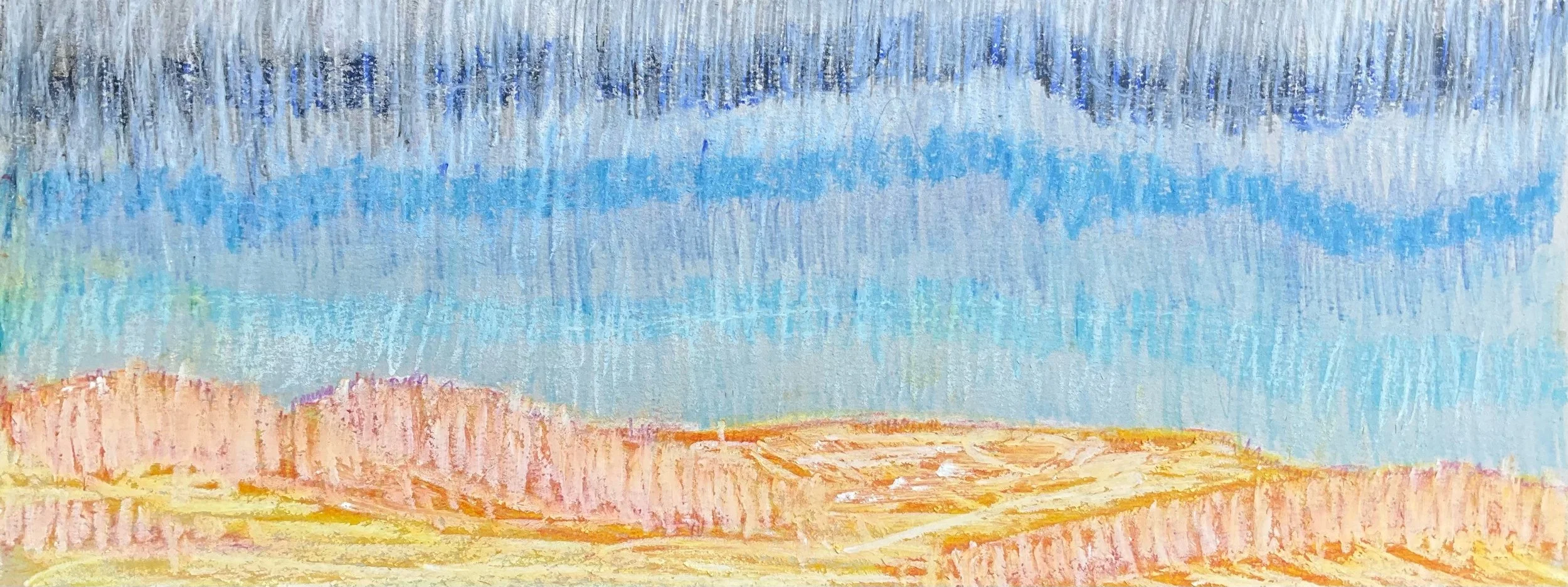 An abstract landscape painting with a sandy foreground, a light blue sky, and darker blue accents in the upper sky.