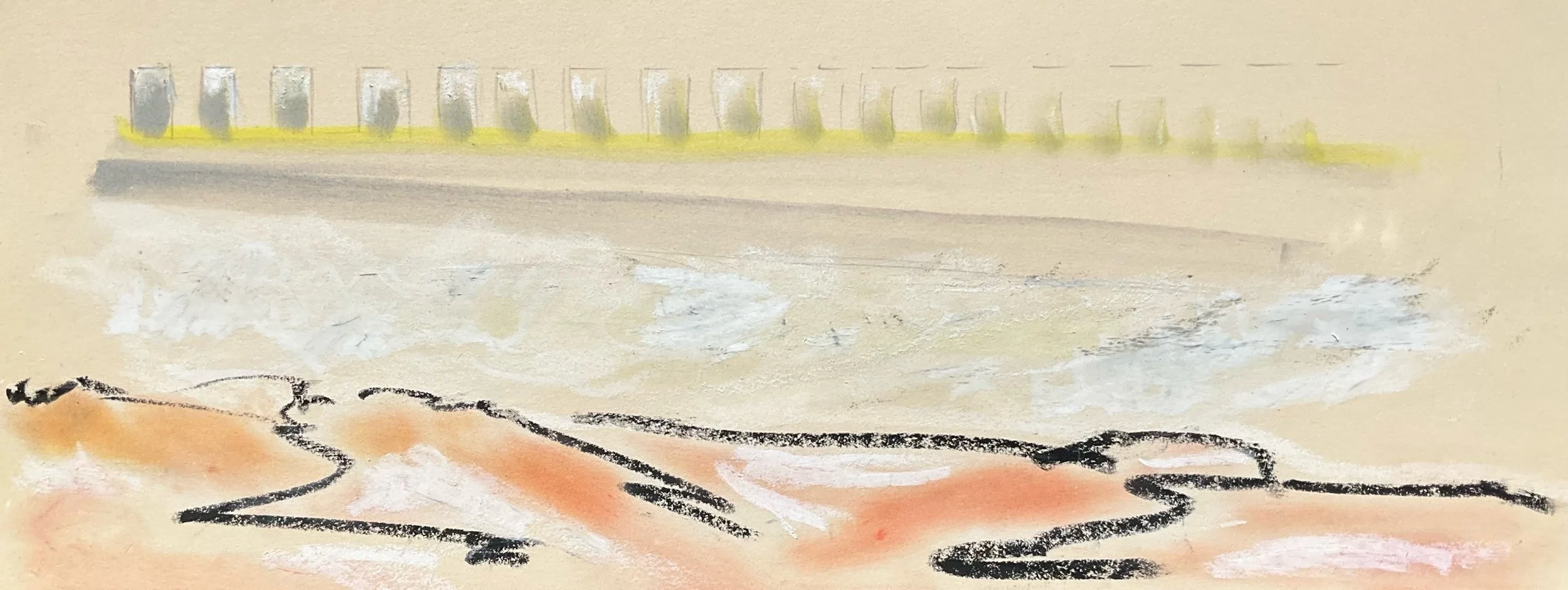 Abstract landscape painting with strip of buildings, shoreline, and sandy beach with black lines.