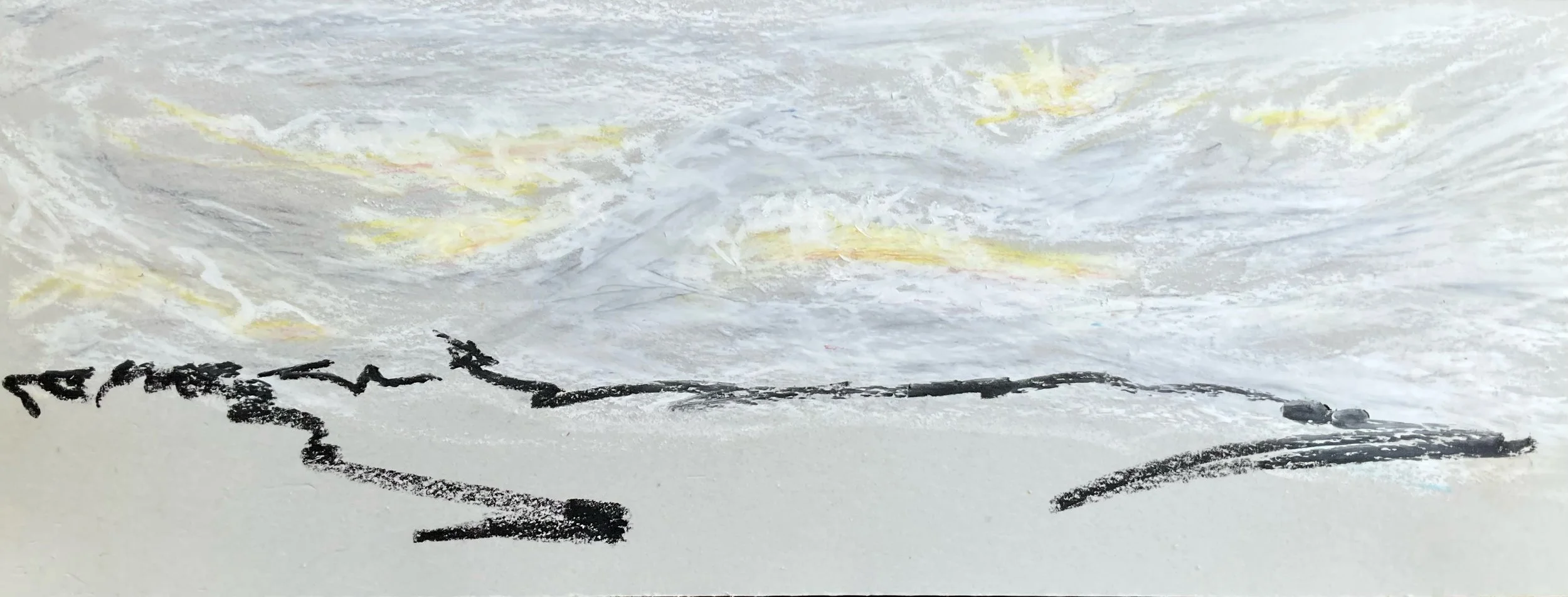 Abstract painting with light colors, black squiggles and yellow streaks.