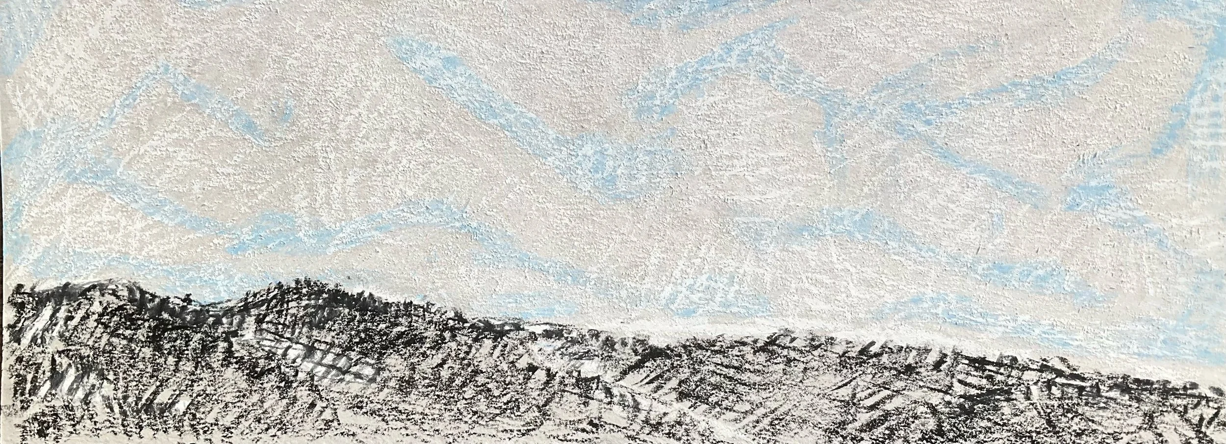 A textured painting of a landscape featuring a hill with black and white shading at the bottom, and a sky with light blue and white streaks and clouds.