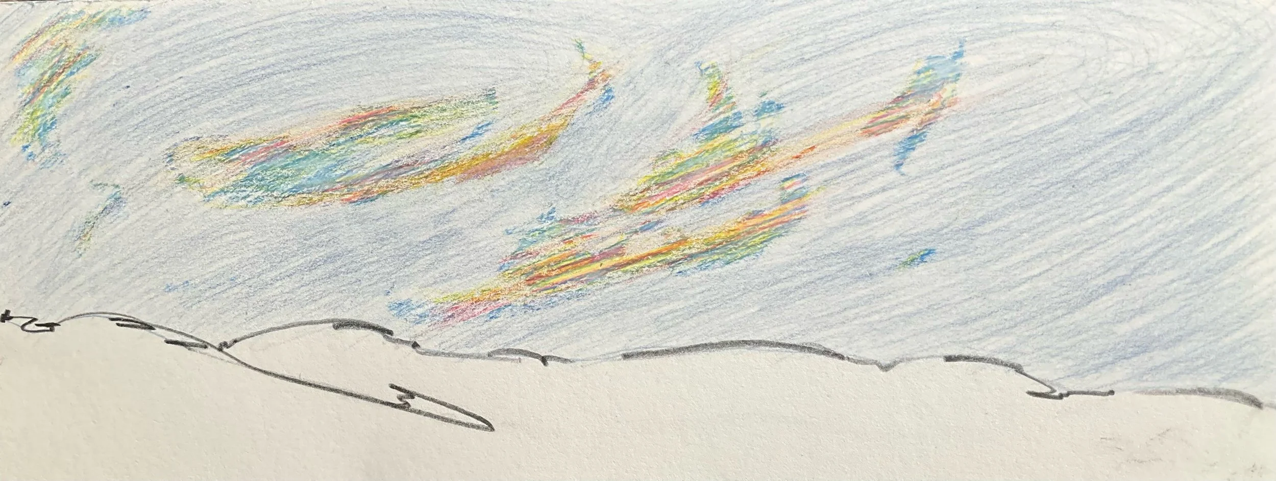 A light-colored drawing of a mountain range with a sky filled with pastel-colored clouds.