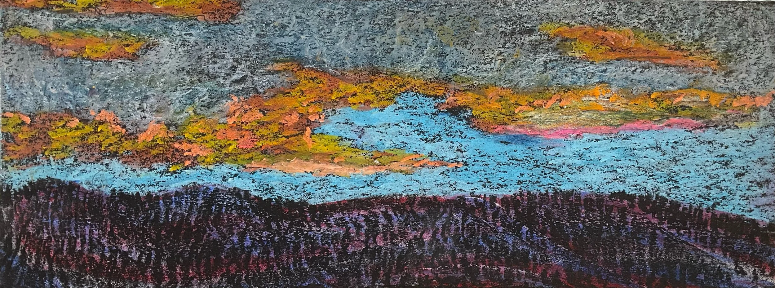 Colorful abstract landscape drawing with a bright blue river running through green and orange land, with a dark purple and black foreground and a cloudy gray sky.
