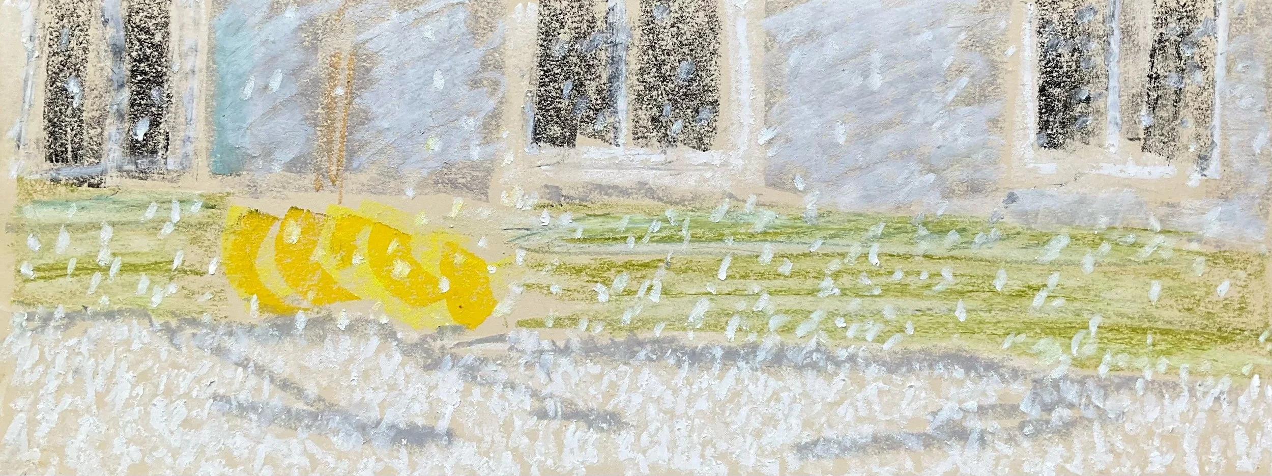 Painting of a house with a front porch, snow falling, and yellow flowers on the ground.