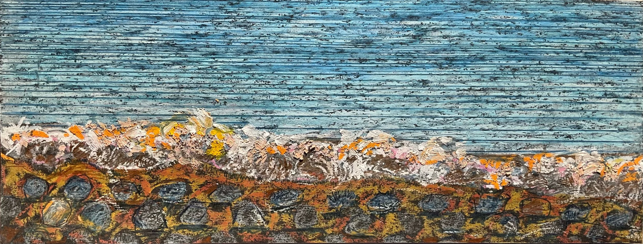 Painted landscape featuring blue sky, white clouds, brown and orange ground, with abstract circular elements in dark colors at the bottom.