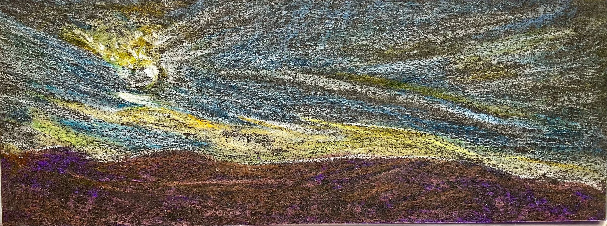 A landscape drawing of mountains with a cloudy sky above. The mountains are purple and brown, and the sky is filled with swirling shades of blue, gray, and white.