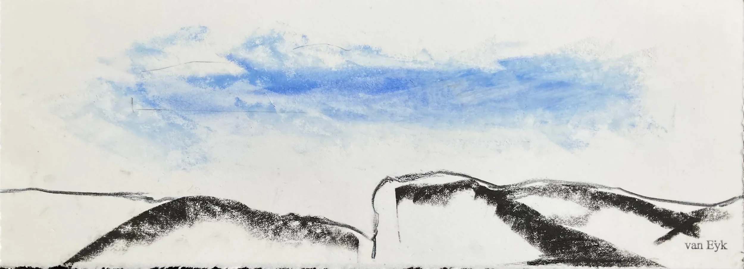 A minimalist landscape drawing of hills with a blue sky and clouds, signed by van Eyk.