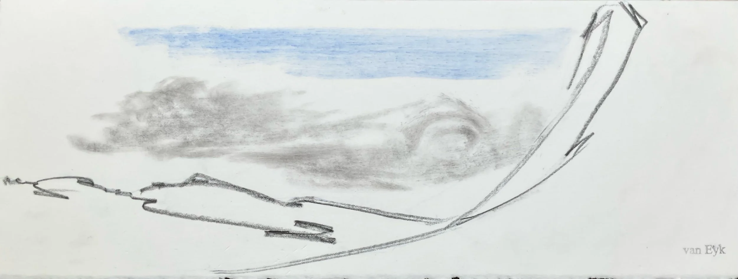 A sketch of a laptop with a blue sky, fluffy clouds, and a stormy cloud with lightning in the background. The artist's name, van Eyk, is written in the bottom right corner.