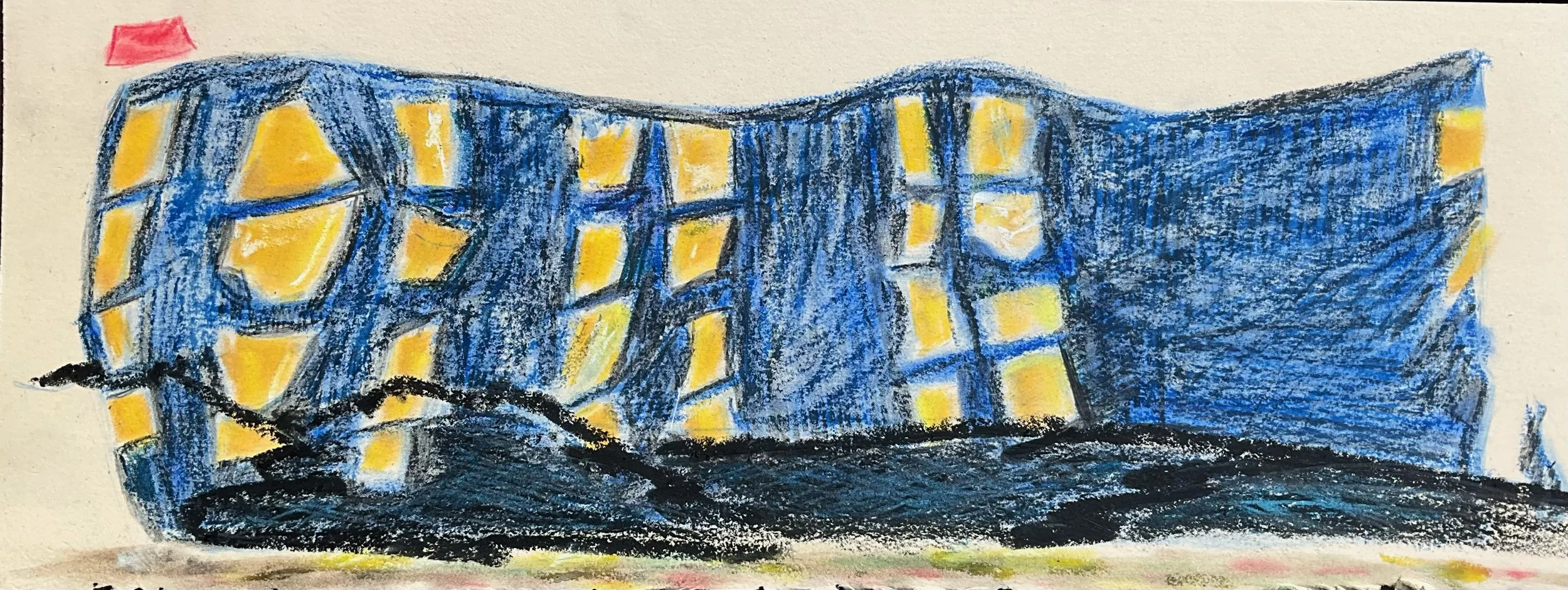 Child's drawing of a blue building with many yellow windows, some with a grid pattern, and a red object in the top left corner.