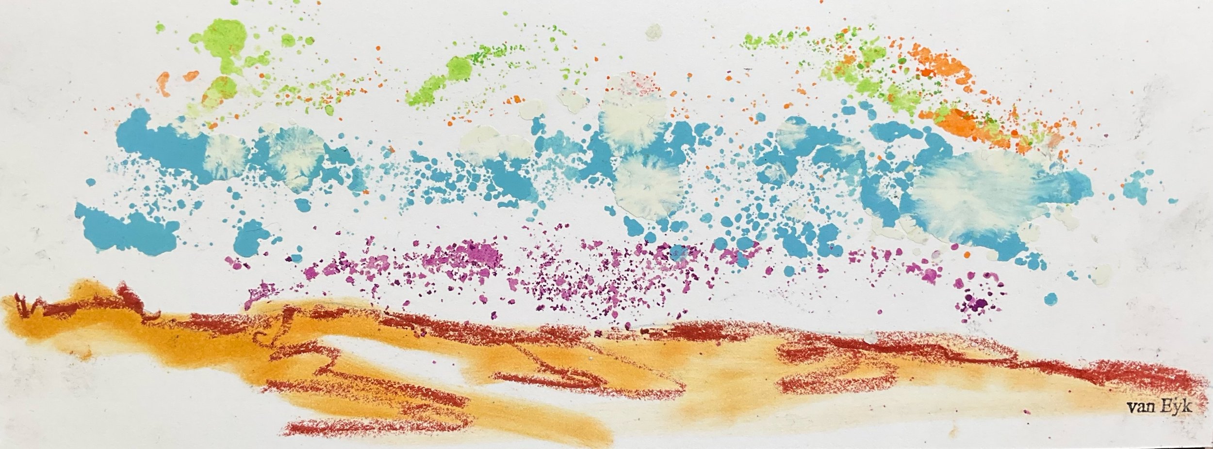 Abstract colorful artwork with splashes of green, blue, purple, and orange on white background, signed 'van Eyk'.