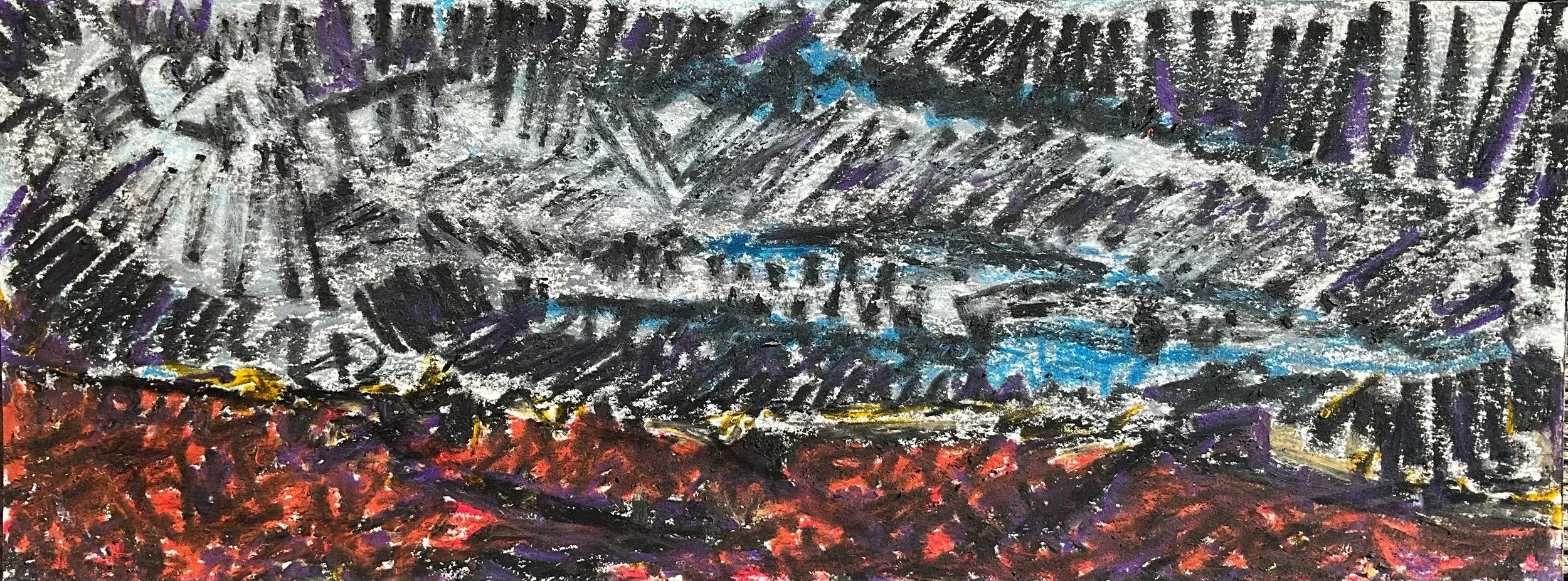 Colorful abstract landscape scene with dark sky, mountains, and a brightly colored ground.