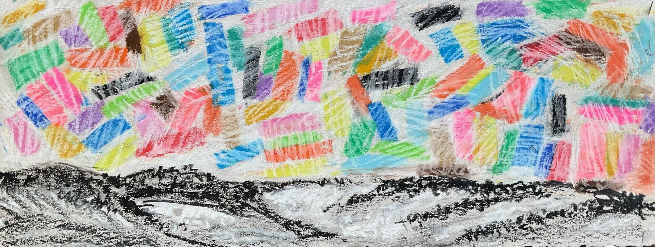 Colorful crayon drawing of trees with various colored leaves and a black and white ground.