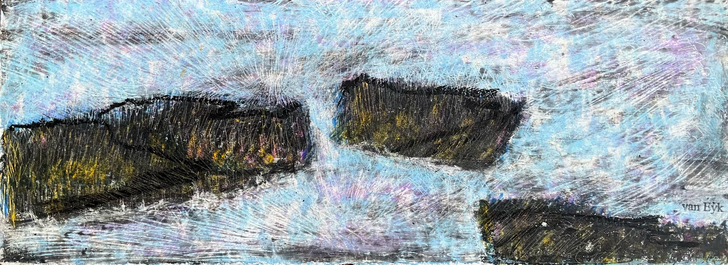 Abstract landscape painting featuring dark, mossy green rocks or land formations against a swirling light blue, pink, and white sky.