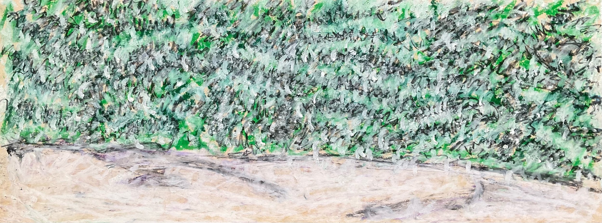 A watercolor painting of a green, leafy hedge with a dirt path in front.