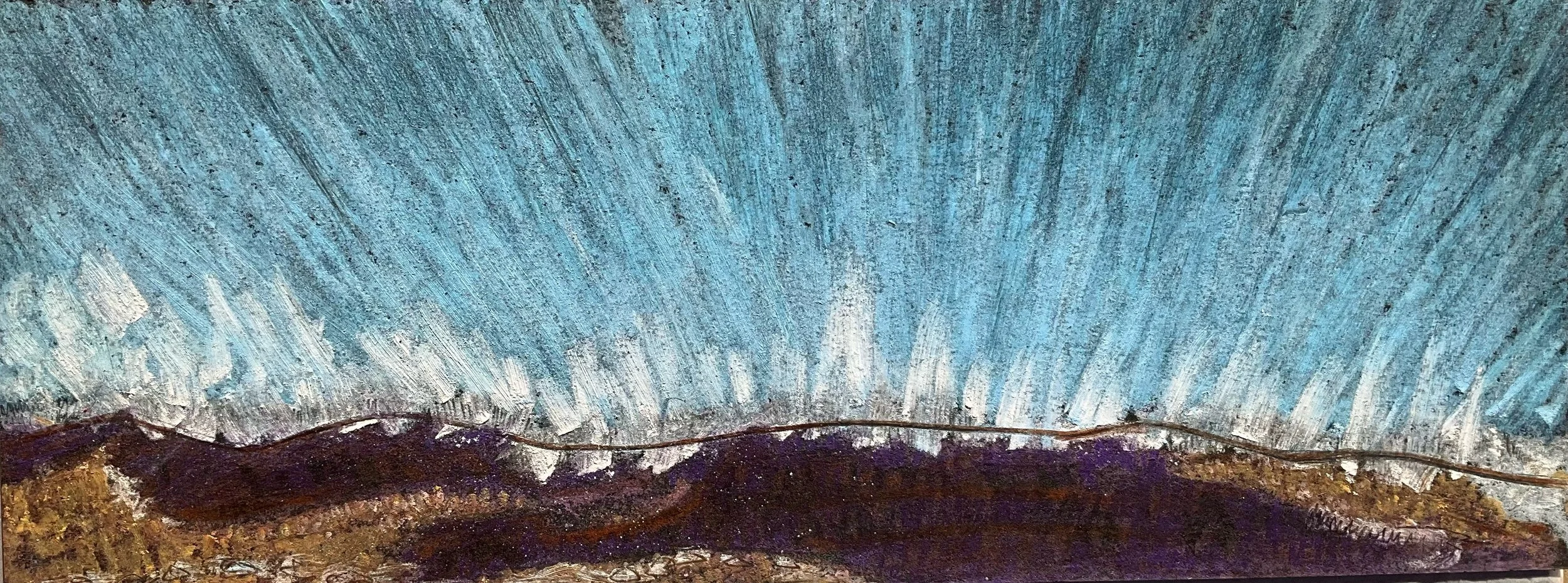 Painting of a mountain range with a blue sky and textured brushstrokes.