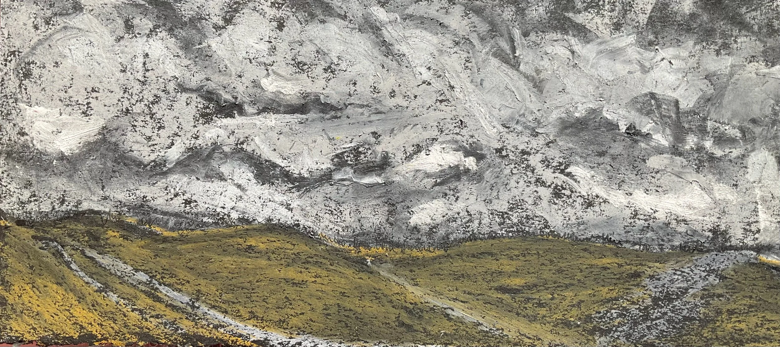 A landscape painting of snow-capped mountains and rolling hills with a cloudy sky.