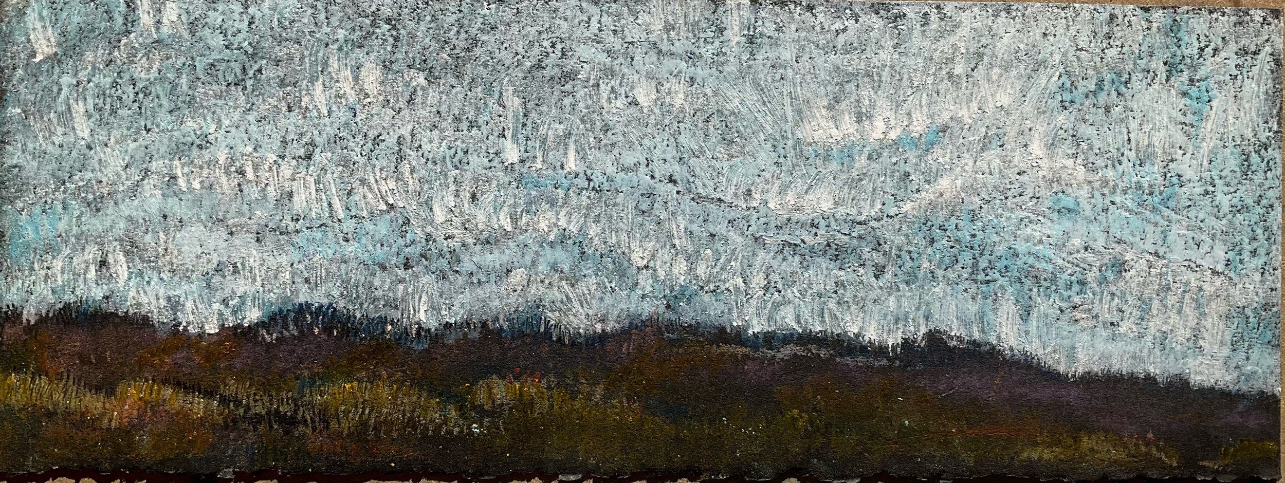 A landscape painting depicting a rugged, dark brown and green hilly terrain under a cloudy sky with shades of gray and hints of blue.