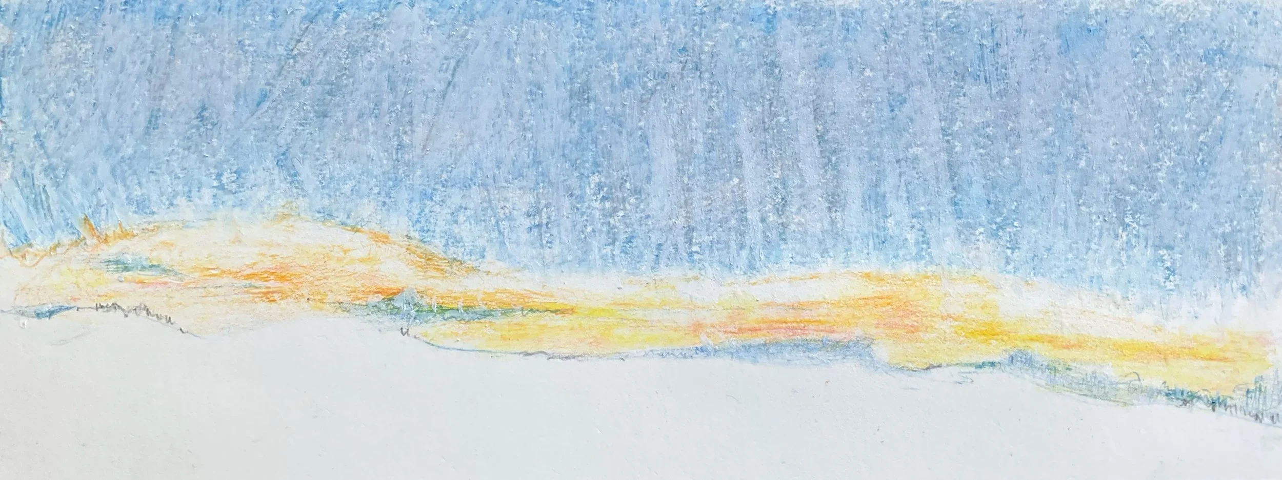 A pastel drawing of a sky during sunset with orange and yellow hues, above a white landscape.