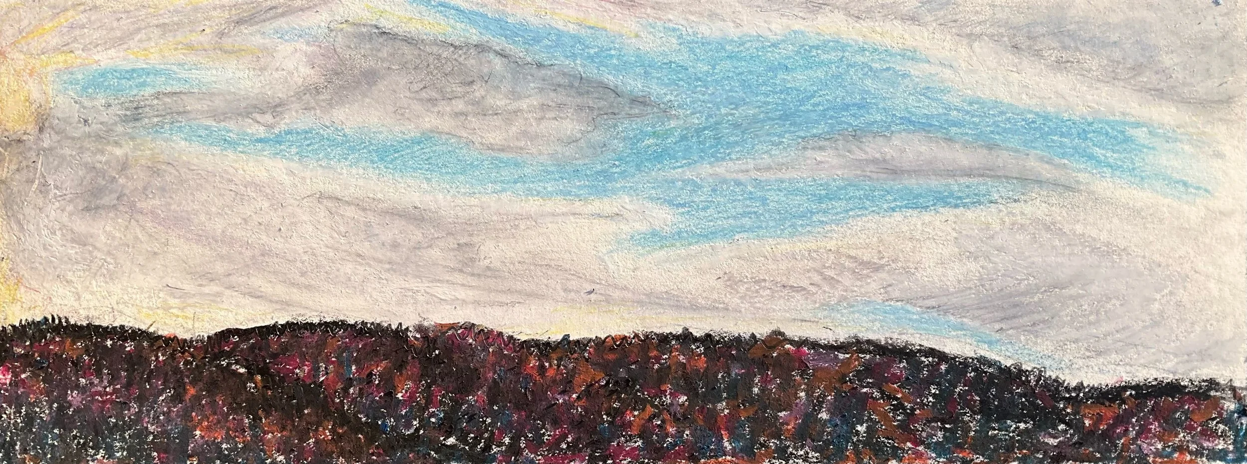 A landscape painting of a cloudy sky above dark, textured mountains with hints of red and pink in the foliage.