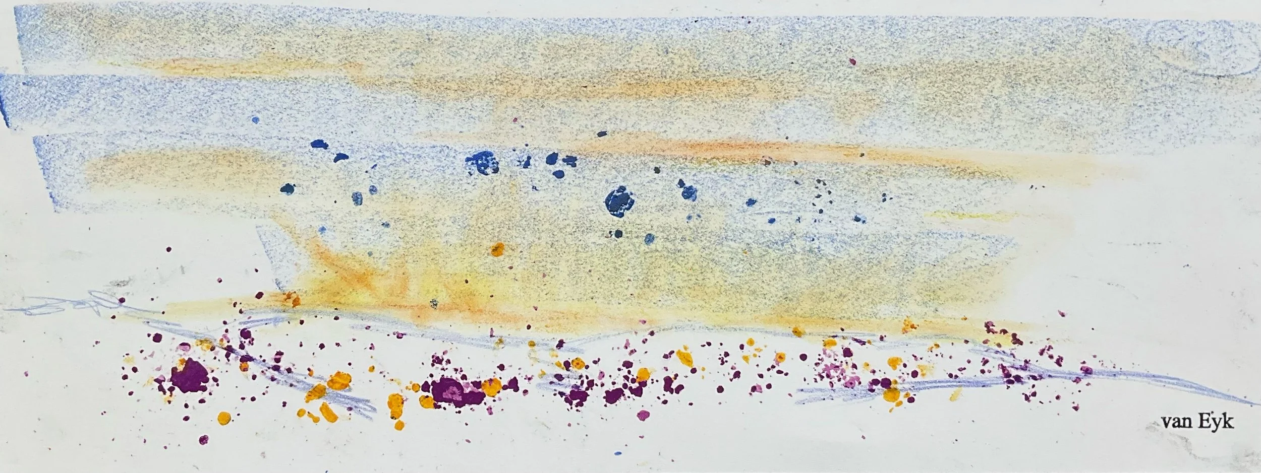 An abstract watercolor painting with soft shades of blue, yellow, and purple, featuring scattered splatters and strokes of paint. The artist's signature, 'van Eyk,' is in the lower right corner.