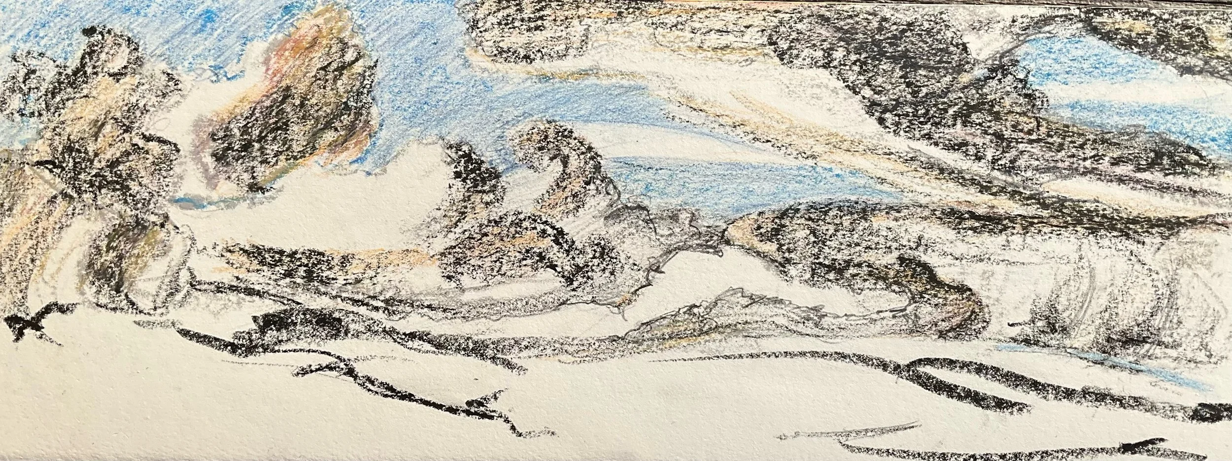 Colorful abstract landscape with mountains, sky, and clouds, created with pastels or colored pencils.