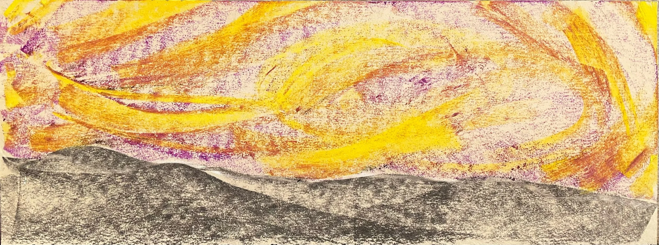 Colorful abstract drawing with yellow, orange, pink swirls above a black and gray mountain-like shape.