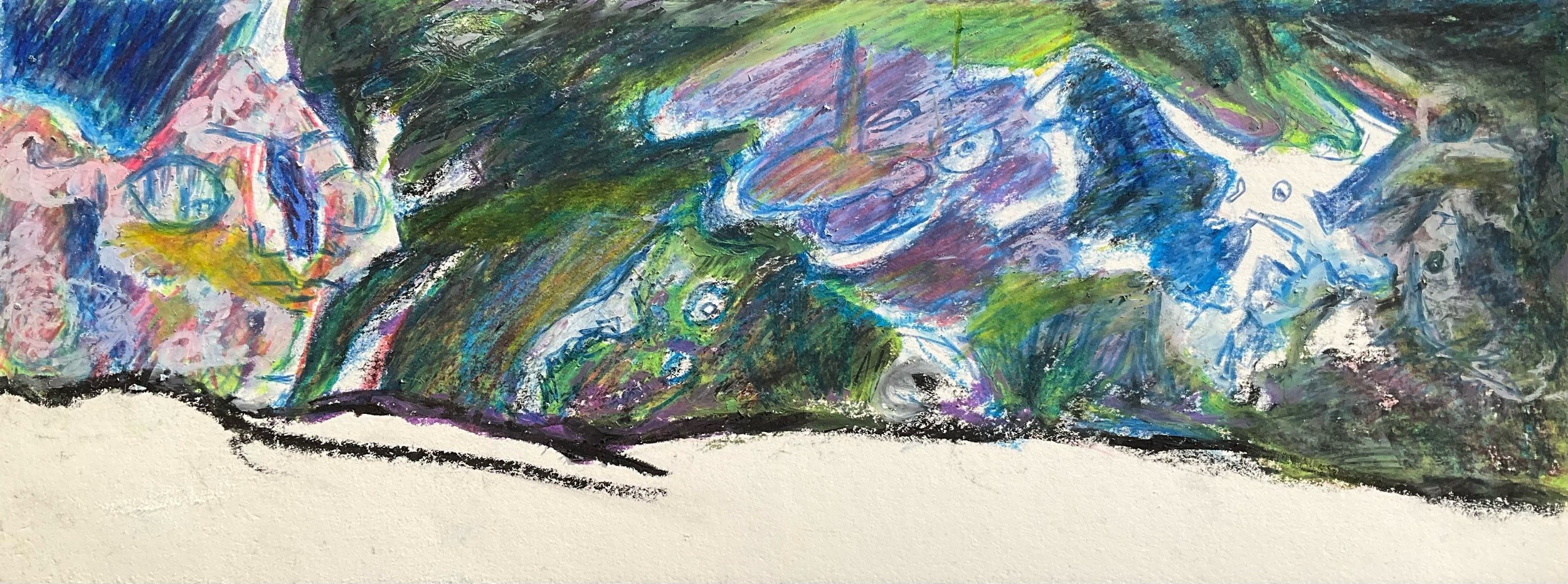 Abstract colorful painting with various shades of blue, green, pink, purple, and white, featuring textured brushstrokes and layered colors.