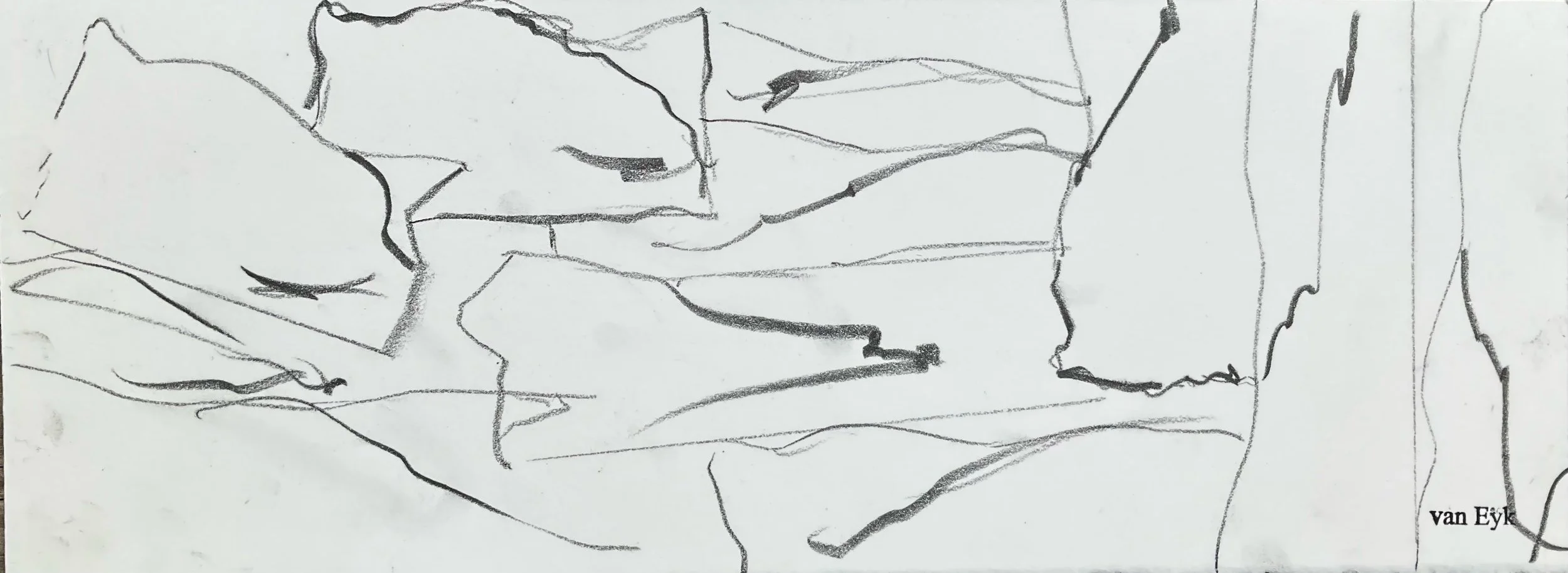 Abstract black and gray sketch of rock formations or landscape with jagged lines and uneven shading, signed by Van Eyk.