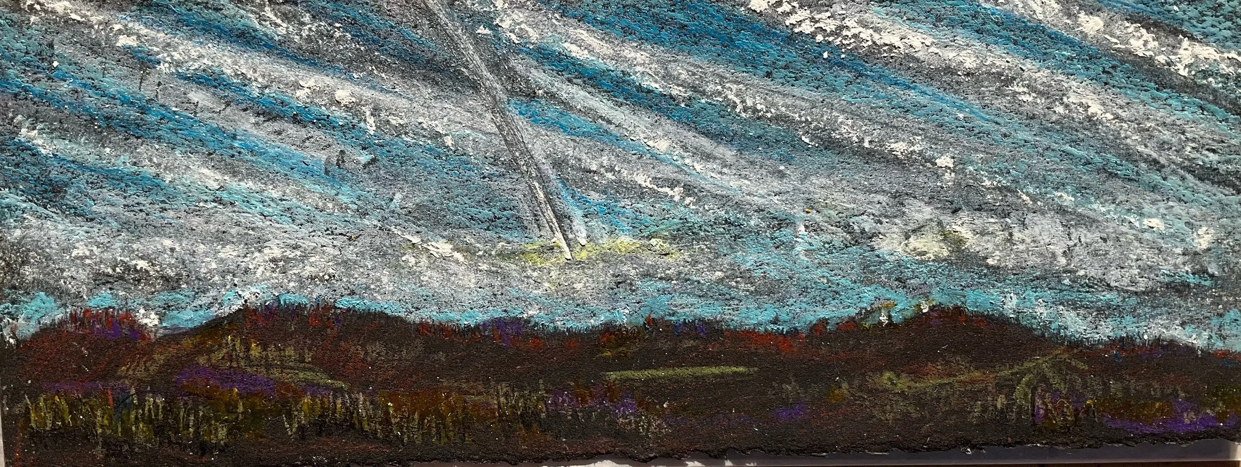 A mountain landscape painted with textured strokes, featuring dark mountain peaks and a blue sky with streaks of white and grey.
