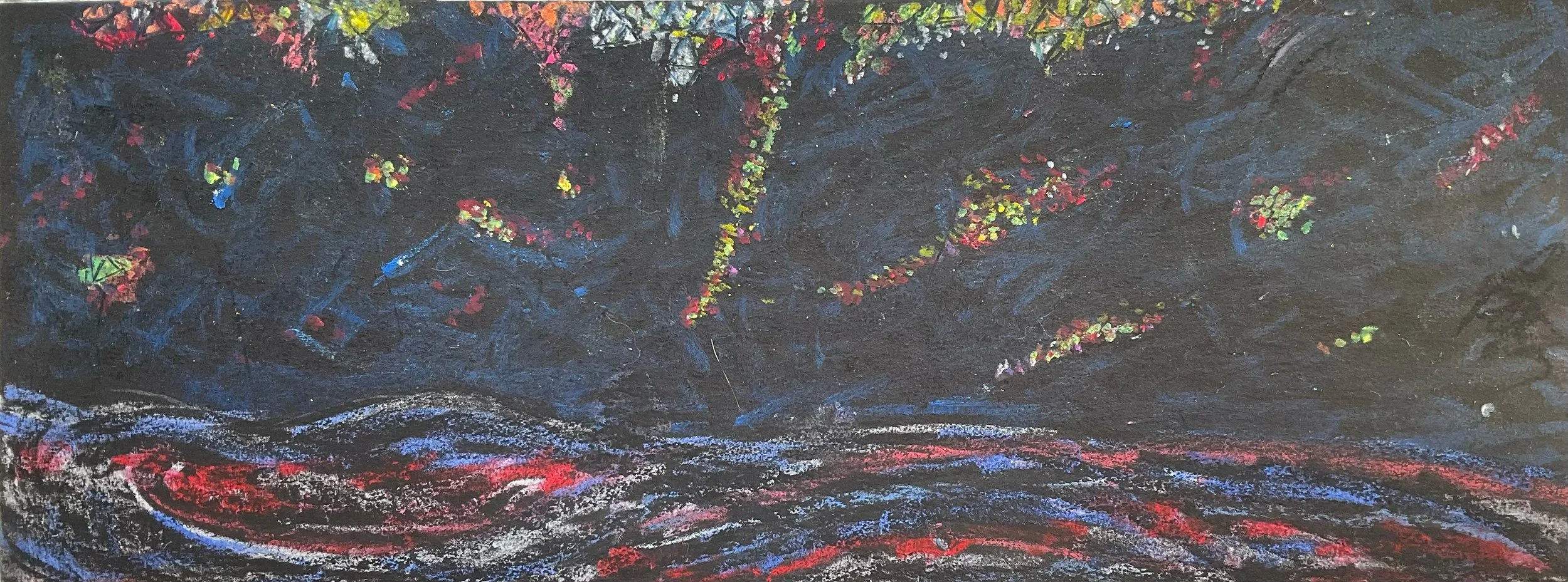 A colorful impressionist painting of a rainy night with reflections on the water, illuminated with bright, scattered colors like pink, green, blue, and red against a dark background.