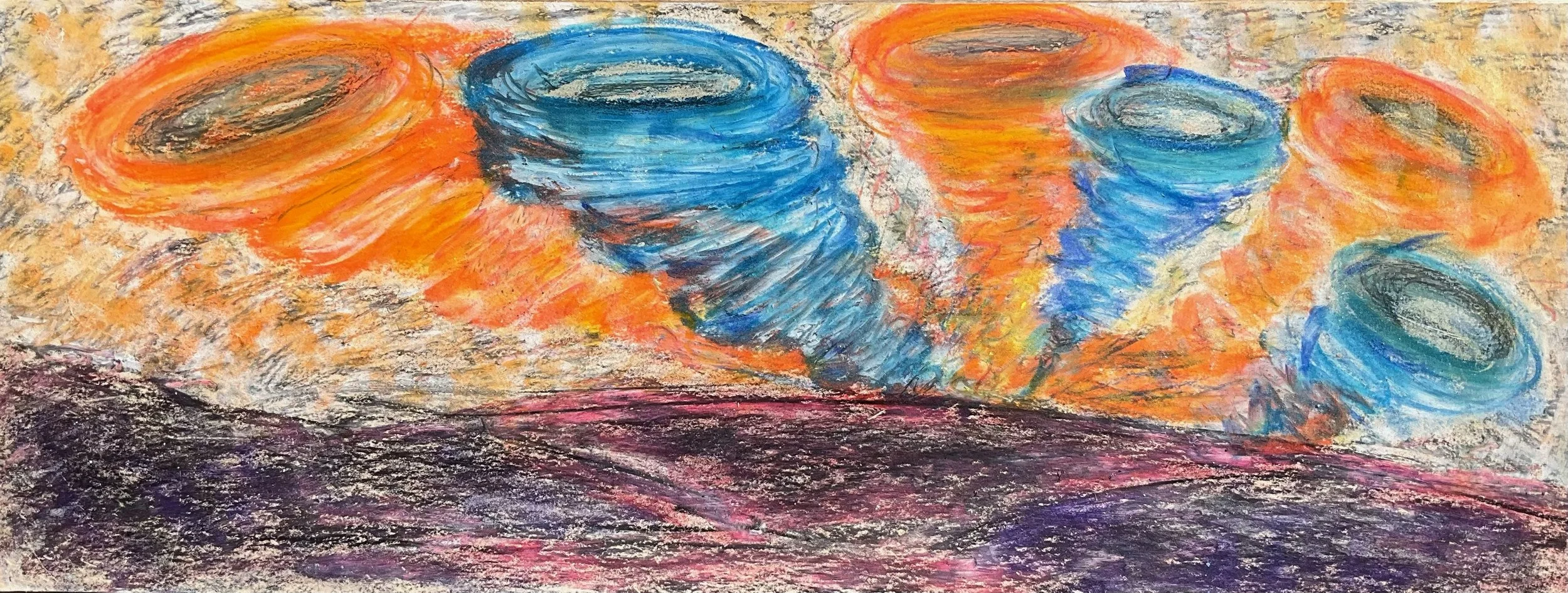 Abstract painting featuring swirling circular forms in orange, blue, and gray on a textured background with dark ground at the bottom.