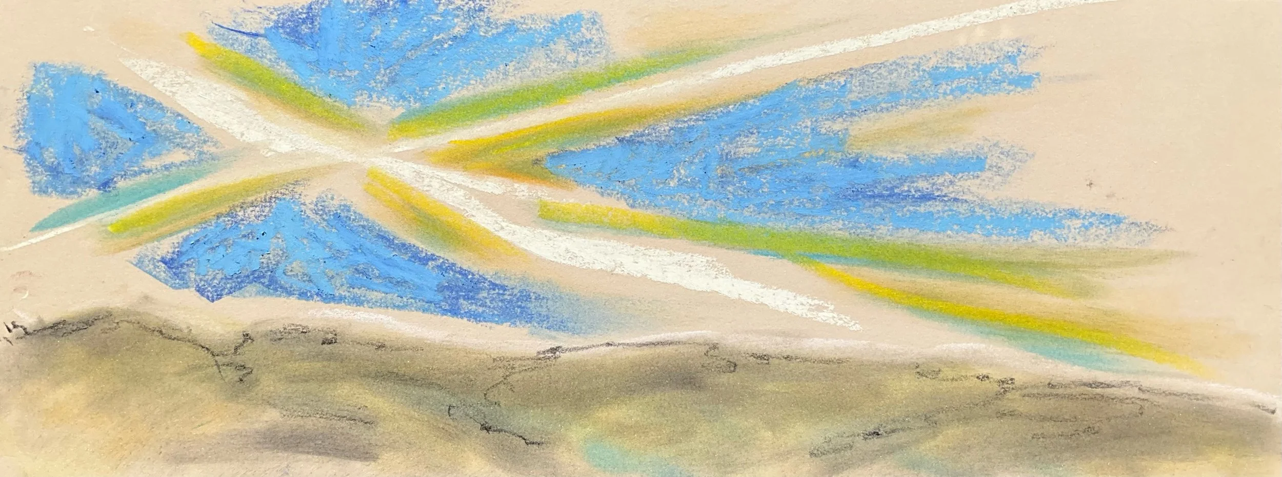 Abstract pastel drawing with blue, green, yellow, and beige streaks on paper.